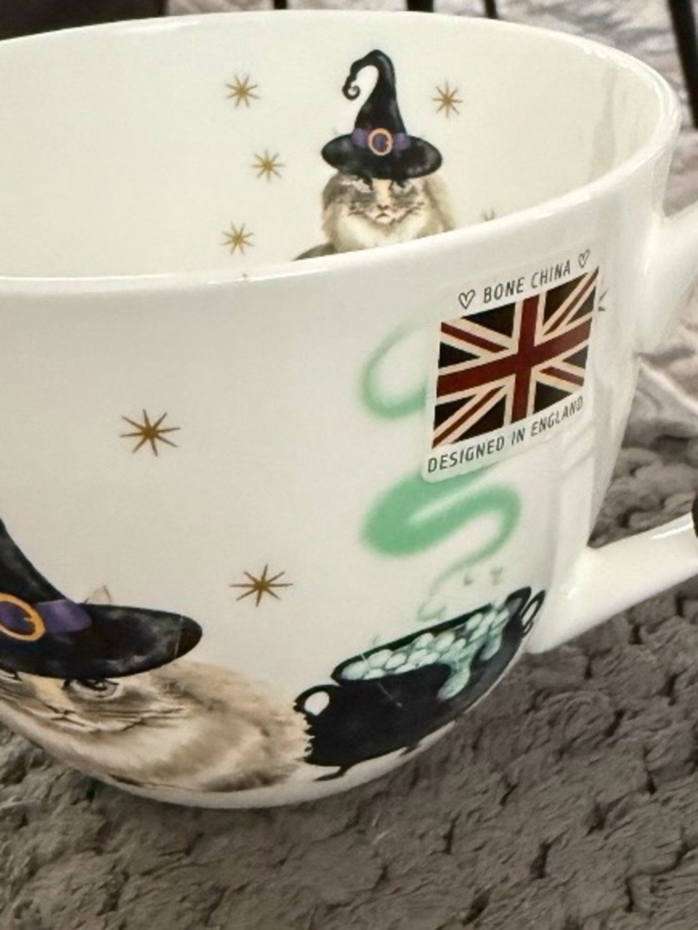 Bone China Cat Mug with Witch Hat Design - White